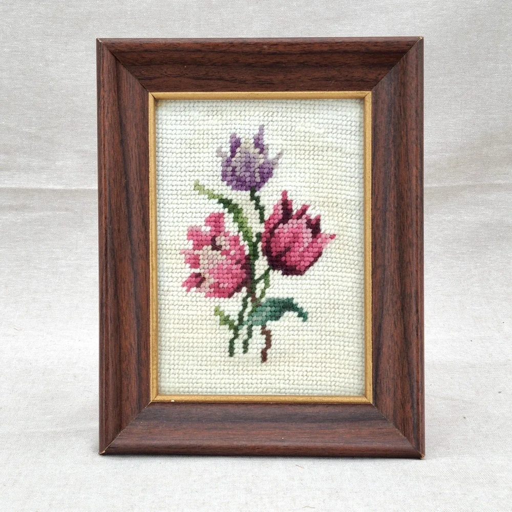 Cottagecore Gallery Wall Accent Piece: Framed Needlepoint Roses Pink Purple VTG